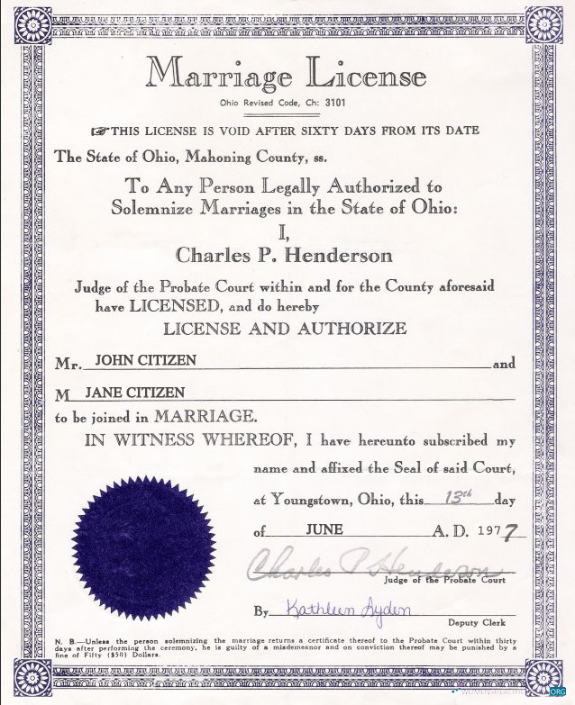 Download USA Ohio marriage cert Photoshop template
